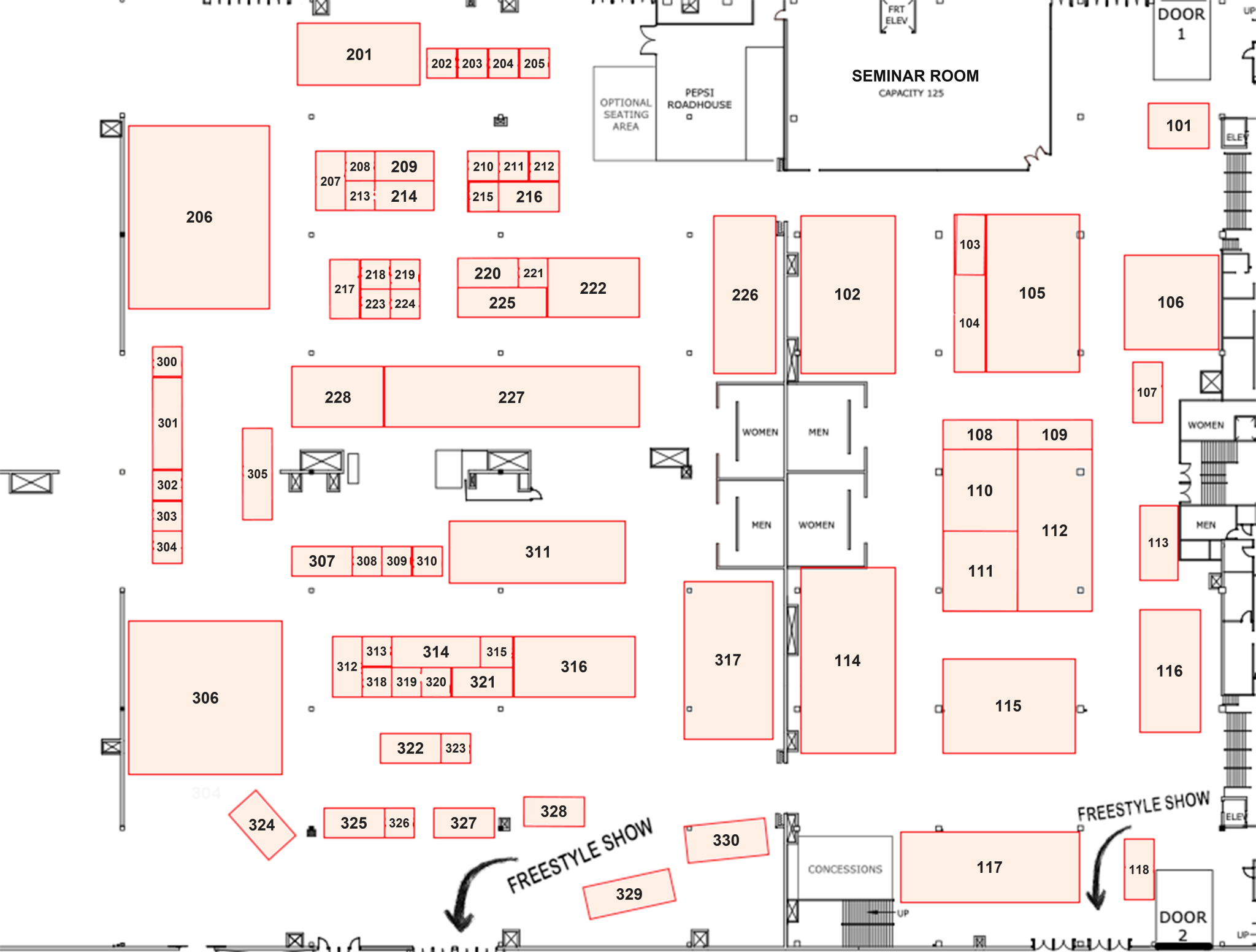 2026 Colorado Snomo Expo floorplan showing numbered booths, the seminar room, entrances and venue areas. Open Interactive Map for booth details, or browse 2026 Participating Vendors below.